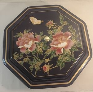 Vintage Octagonal Japanese Lacquer Lazy Susan Floral Decorative Trinket Box